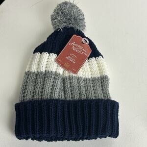 American Needle Blue Gray White Stripe Pillow Line Knit Pom Top Beanie Hat